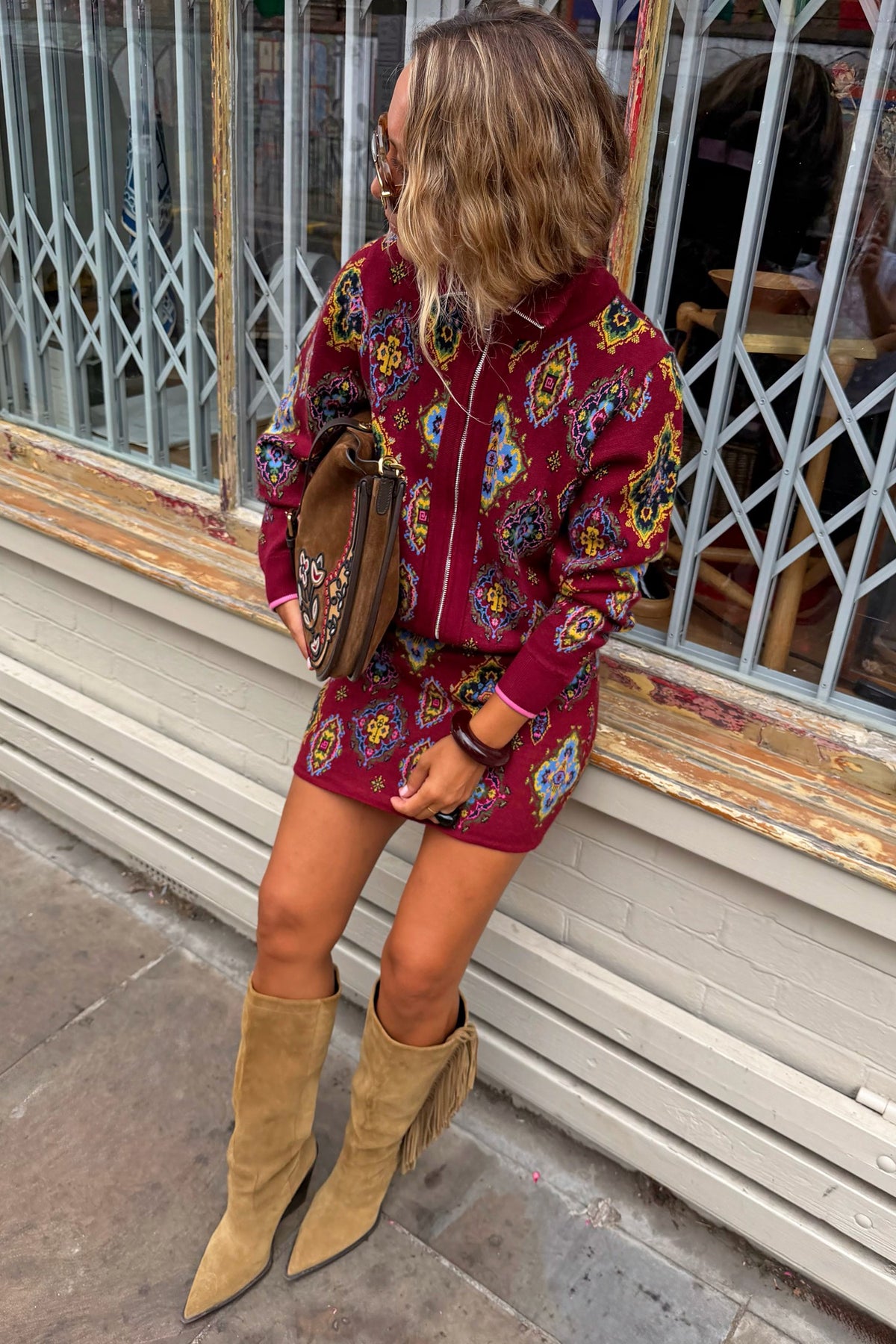 Red Tile Print Zip-Up Cardigan | Never Fully Dressed Latest