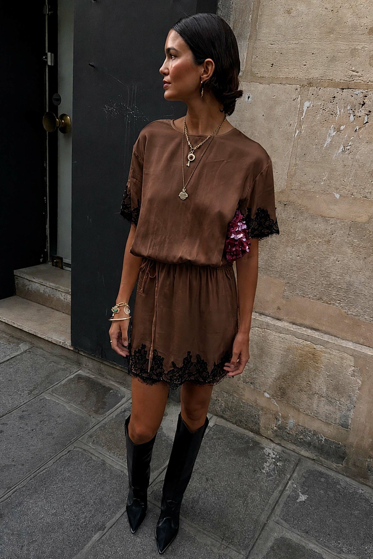 Chocolate & Black Lace T-Shirt Dress - Never Fully Dressed | Never Fully Dressed Essential