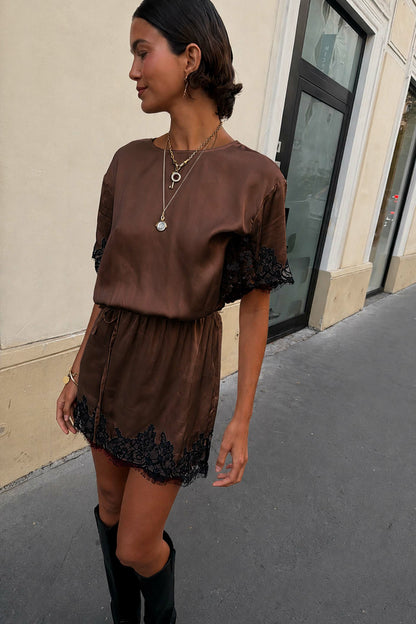 Chocolate & Black Lace T-Shirt Dress - Never Fully Dressed | Never Fully Dressed Essential