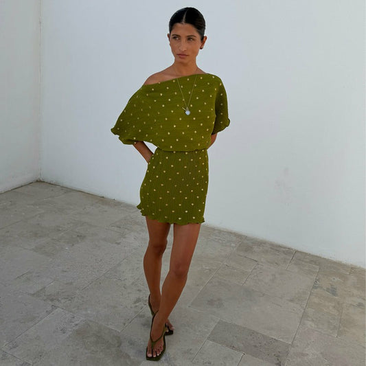 Khaki Mini Plisse Tilly Dress | Never Fully Dressed Best Price