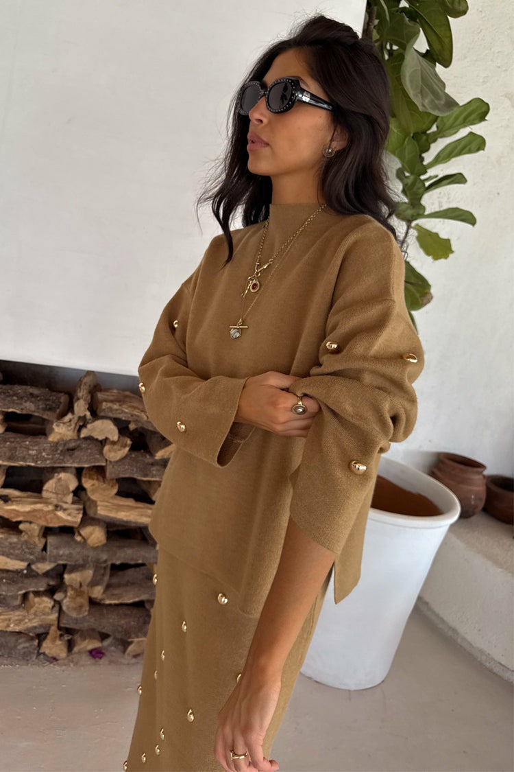 Tan Stud Evie Knit Jumper | Never Fully Dressed Featured