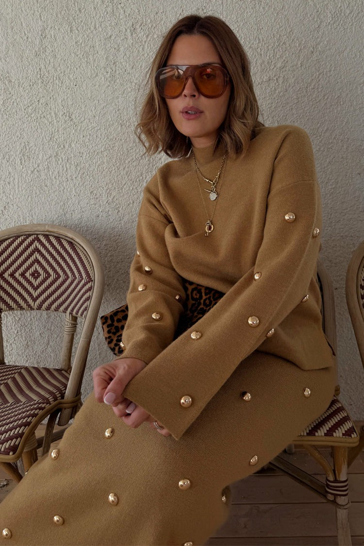 Tan Stud Evie Knit Jumper | Never Fully Dressed Featured