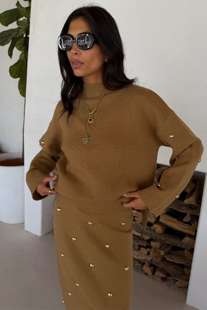 Tan Stud Evie Knit Jumper | Never Fully Dressed Featured