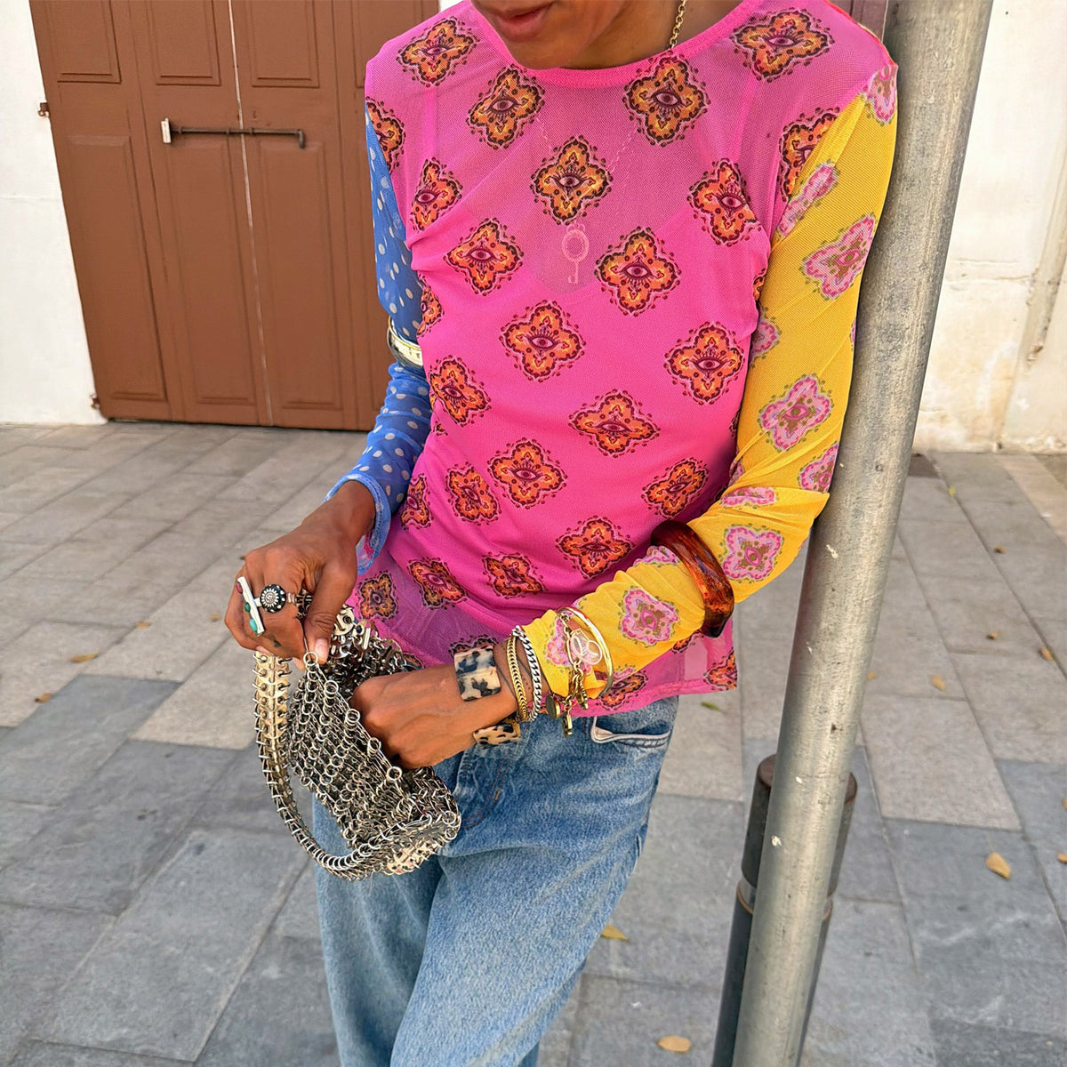 Pink Mix Tile Long Sleeve Mesh Top | Never Fully Dressed Everyday