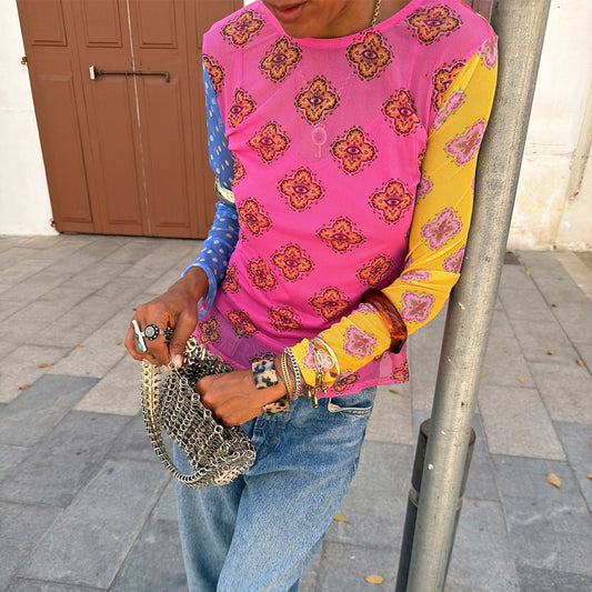 Pink Mix Tile Long Sleeve Mesh Top | Never Fully Dressed Everyday