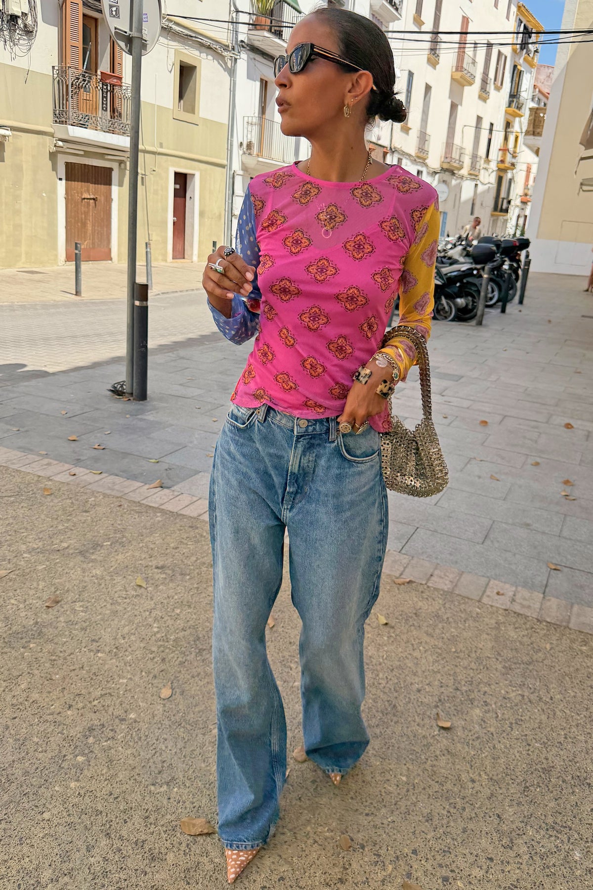 Pink Mix Tile Long Sleeve Mesh Top | Never Fully Dressed Everyday