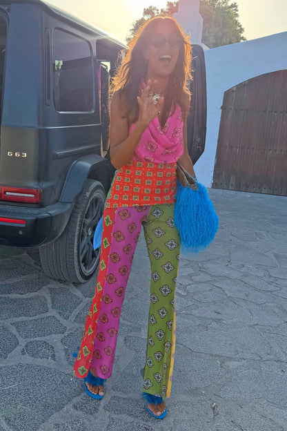 Pink Mix Tile Mesh Flare Trousers | Never Fully Dressed Everyday