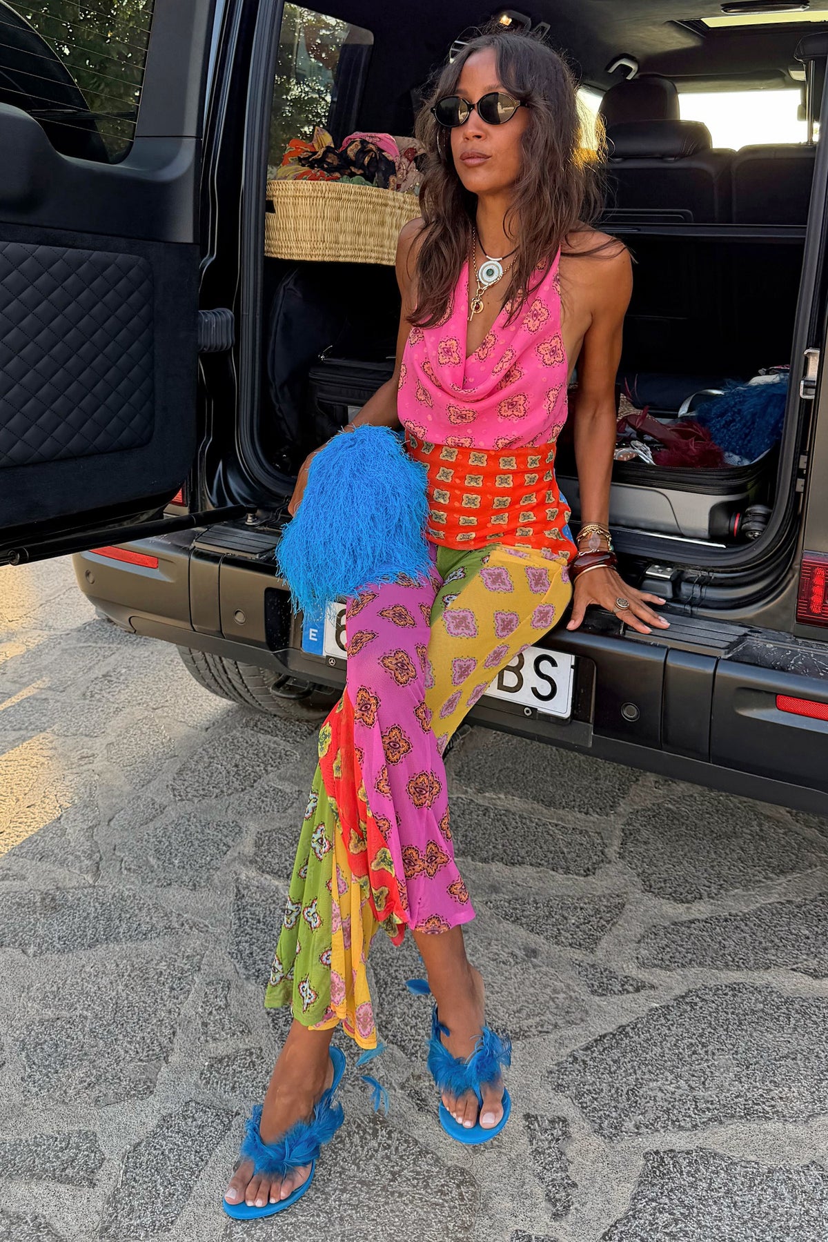 Pink Mix Tile Mesh Flare Trousers | Never Fully Dressed Everyday
