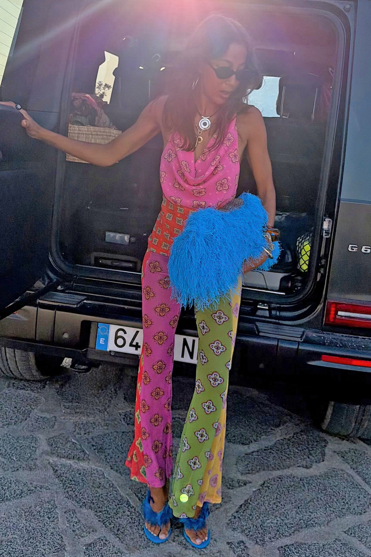 Pink Mix Tile Mesh Flare Trousers | Never Fully Dressed Everyday