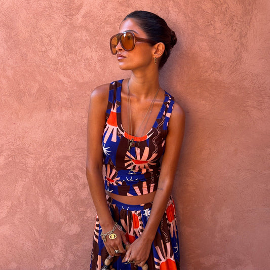 Chocolate & Blue Sun Scoop Neck Tank | Never Fully Dressed Premium