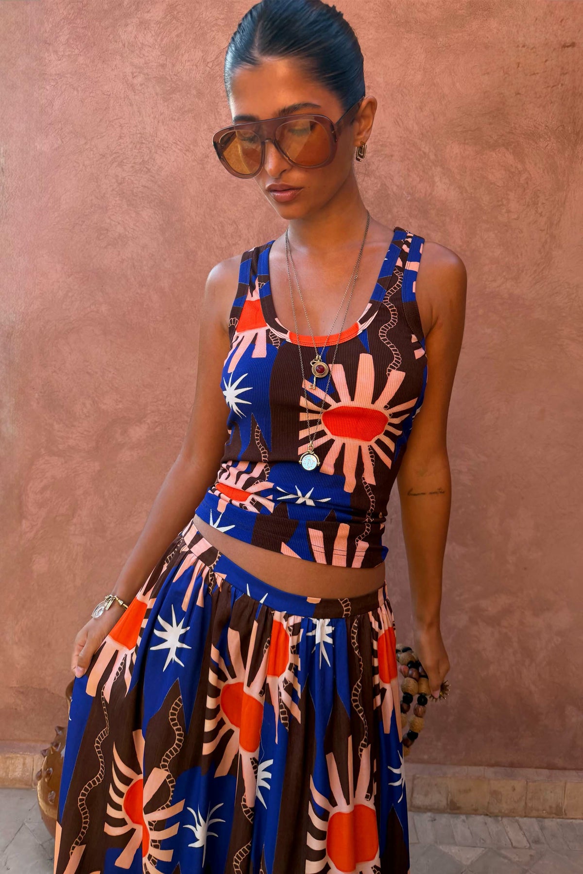 Chocolate & Blue Sun Scoop Neck Tank | Never Fully Dressed Premium