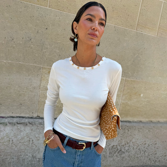 White Stud Long Sleeve Rib Top | Never Fully Dressed Smart Buy