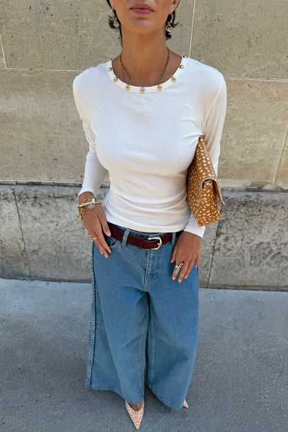 White Stud Long Sleeve Rib Top | Never Fully Dressed Smart Buy