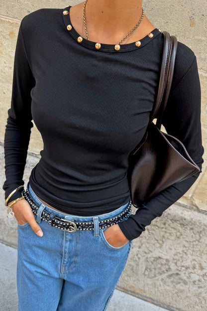 Black Stud Long Sleeve Rib Top | Never Fully Dressed Special Offer