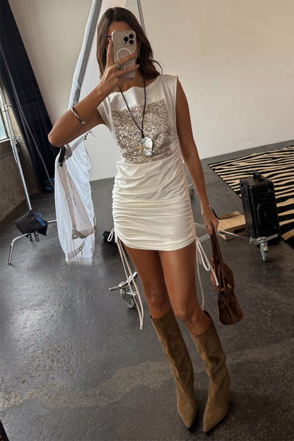 White Sequin Ruched Dress | Never Fully Dressed Classic