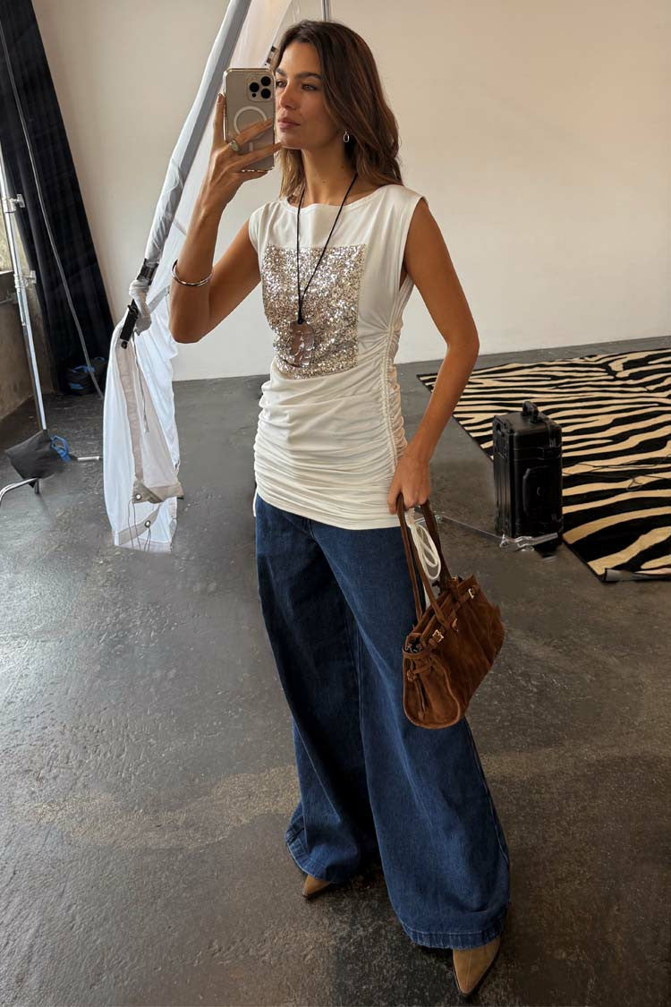 White Sequin Ruched Dress | Never Fully Dressed Classic