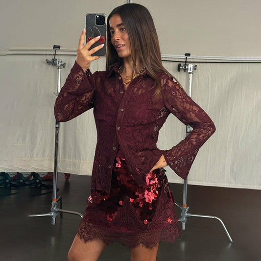 Burgundy Lace Shirt | Never Fully Dressed Featured