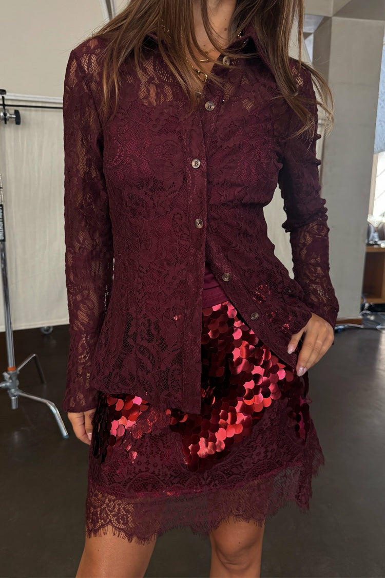 Burgundy Lace Shirt | Never Fully Dressed Featured