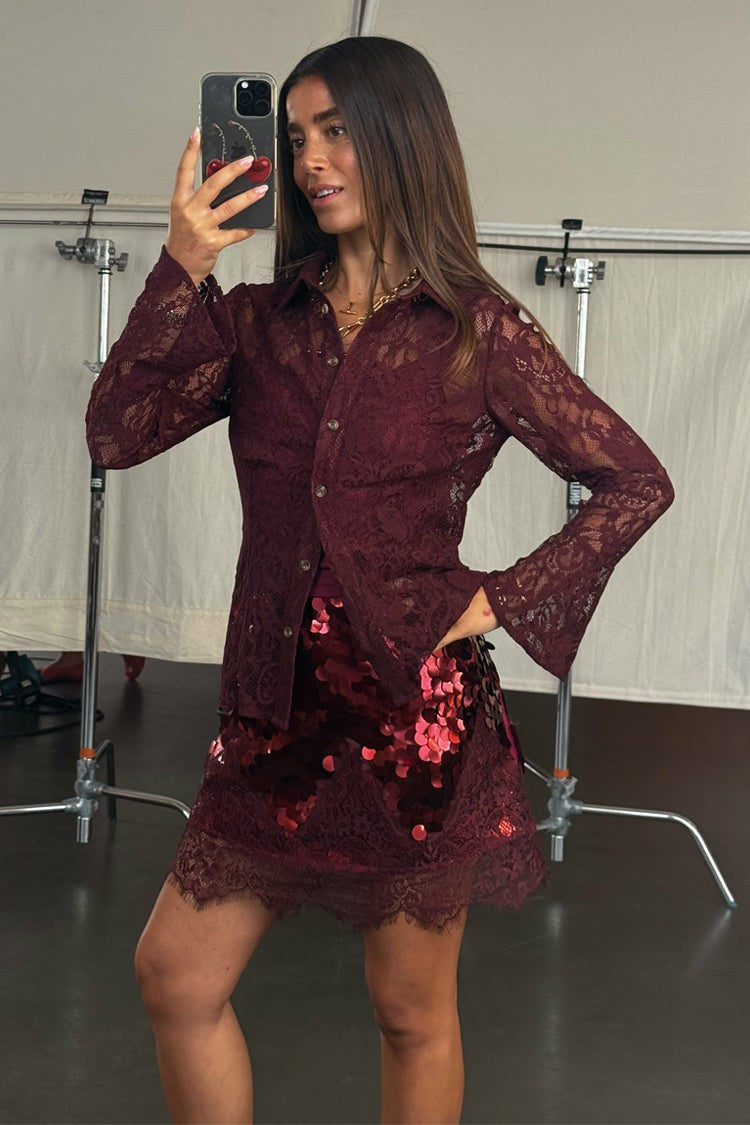 Burgundy Lace Shirt | Never Fully Dressed Featured
