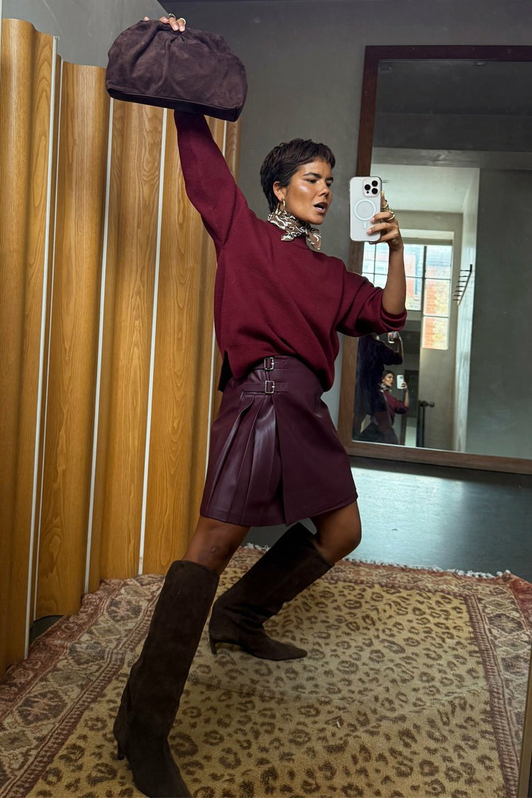 Burgundy Mini Kilt Skirt | Never Fully Dressed Featured
