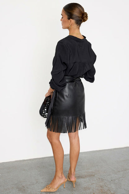 Black Vegan Leather Mini Fringe Jaspre Skirt | Never Fully Dressed Recommended