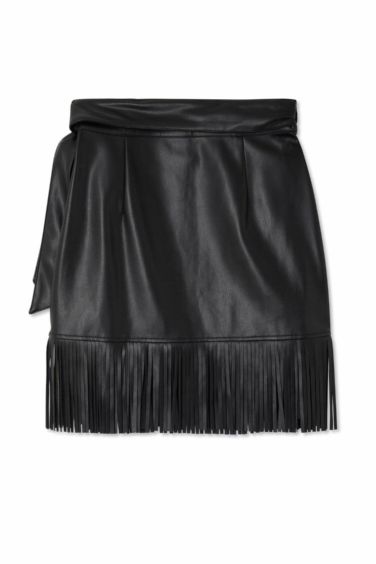 Black Vegan Leather Mini Fringe Jaspre Skirt | Never Fully Dressed Recommended