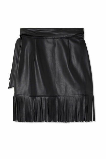 Black Vegan Leather Mini Fringe Jaspre Skirt | Never Fully Dressed Recommended