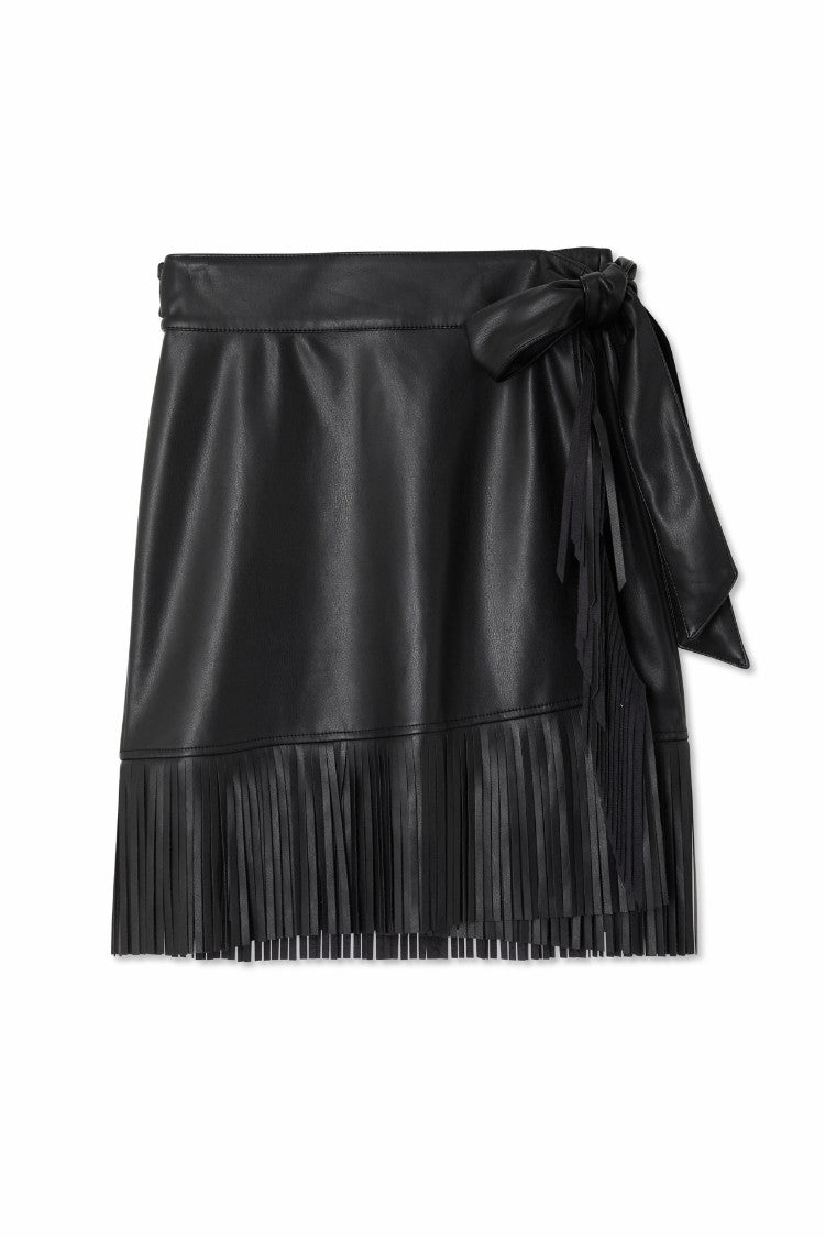 Black Vegan Leather Mini Fringe Jaspre Skirt | Never Fully Dressed Recommended