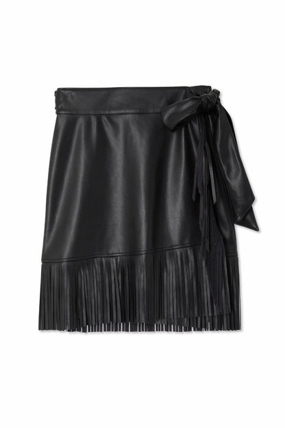 Black Vegan Leather Mini Fringe Jaspre Skirt | Never Fully Dressed Recommended