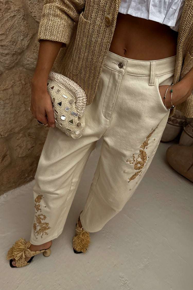 Ecru Raffia Palma Barrel Leg Jeans | Never Fully Dressed Latest
