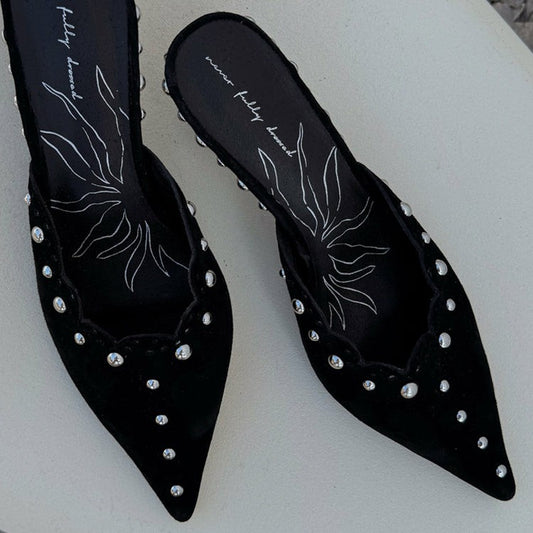 Black Suede Mules with Silver Studs | Never Fully Dressed Sale