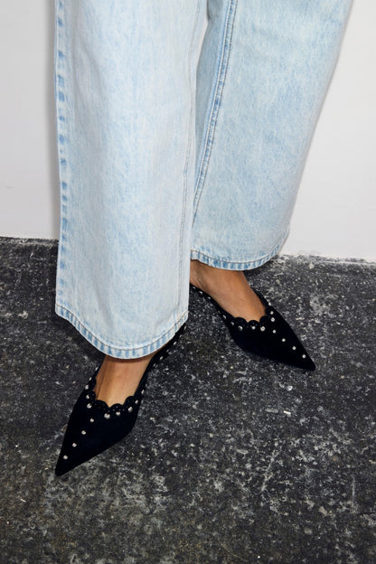 Black Suede Mules with Silver Studs | Never Fully Dressed Sale
