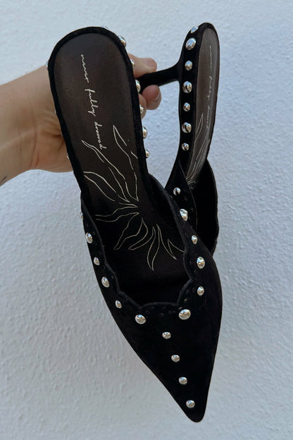 Black Suede Mules with Silver Studs | Never Fully Dressed Sale