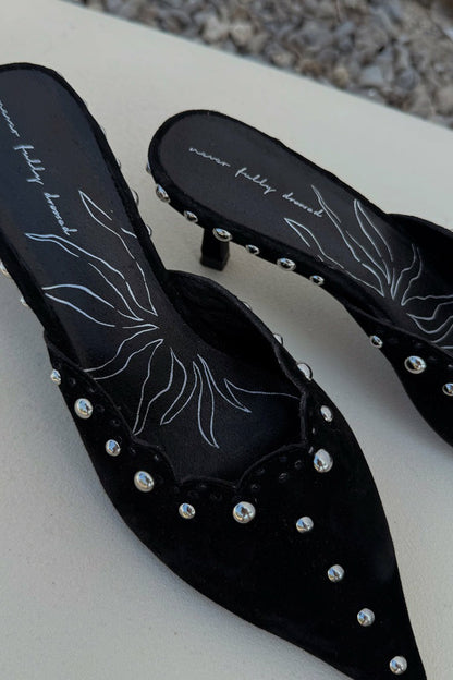 Black Suede Mules with Silver Studs | Never Fully Dressed Sale