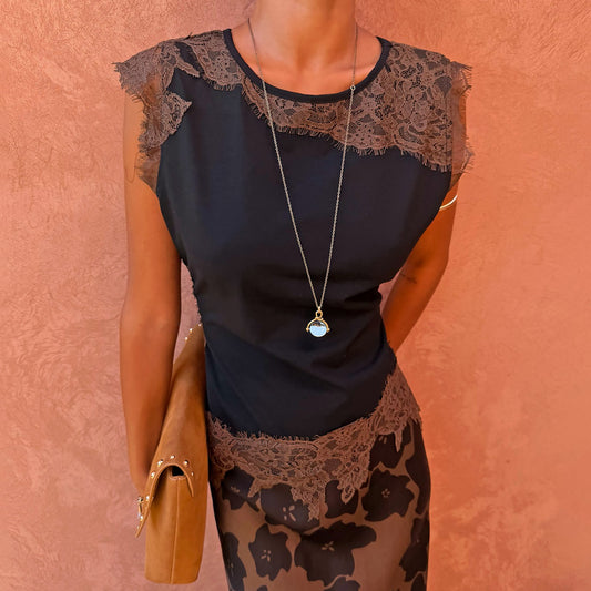 Black and Chocolate Lace Jersey Top | Never Fully Dressed Trusted