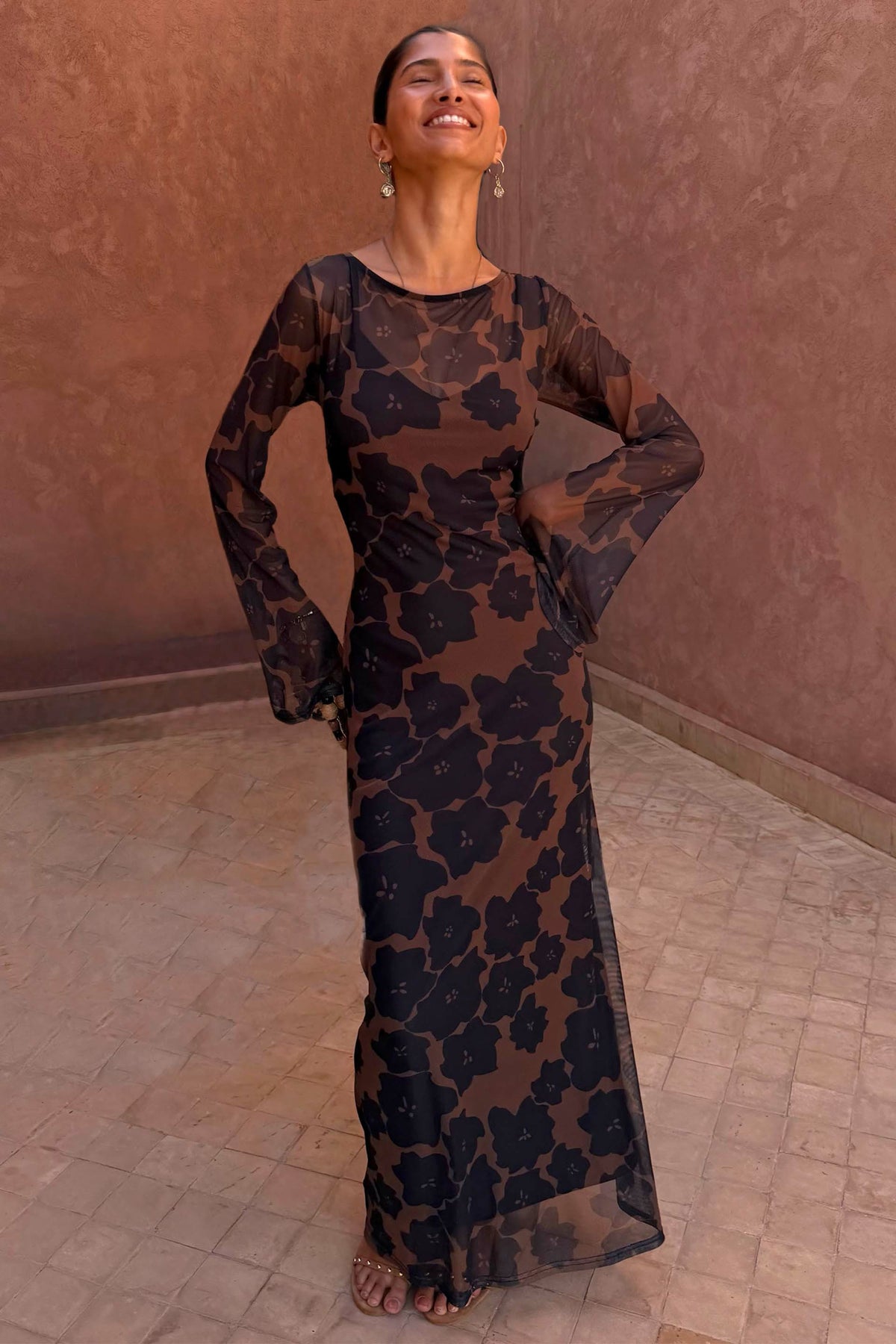 Tan Jaden Floral Mesh Dress Petite | Never Fully Dressed Trending