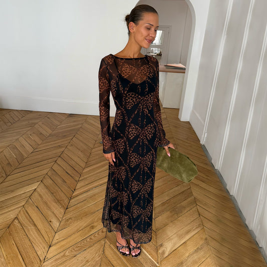 Black Leopard Bow Aria Mesh Dress Petite | Never Fully Dressed Signature