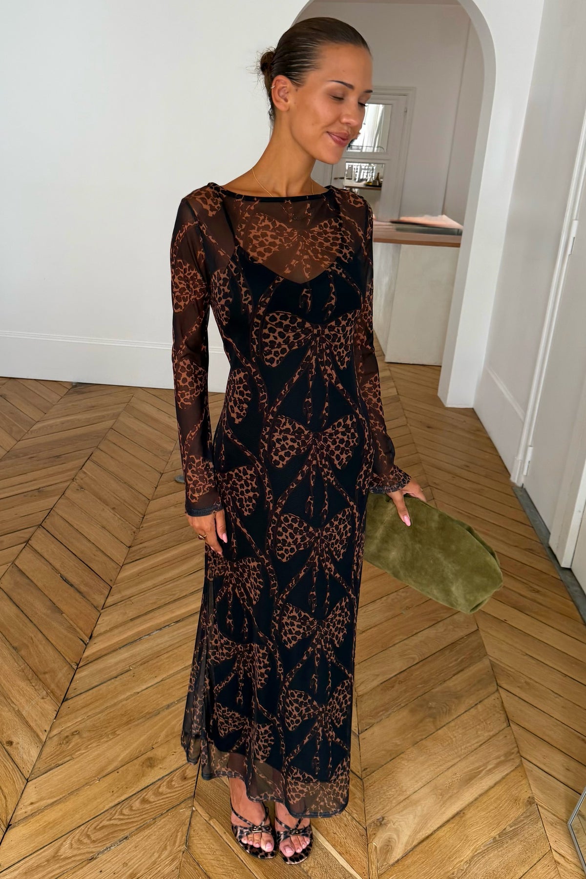 Black Leopard Bow Aria Mesh Dress Petite | Never Fully Dressed Signature