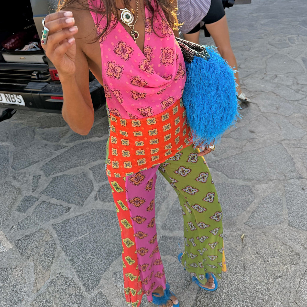 Pink Mix Tile Mesh Flare Trousers Petite | Never Fully Dressed Best Seller