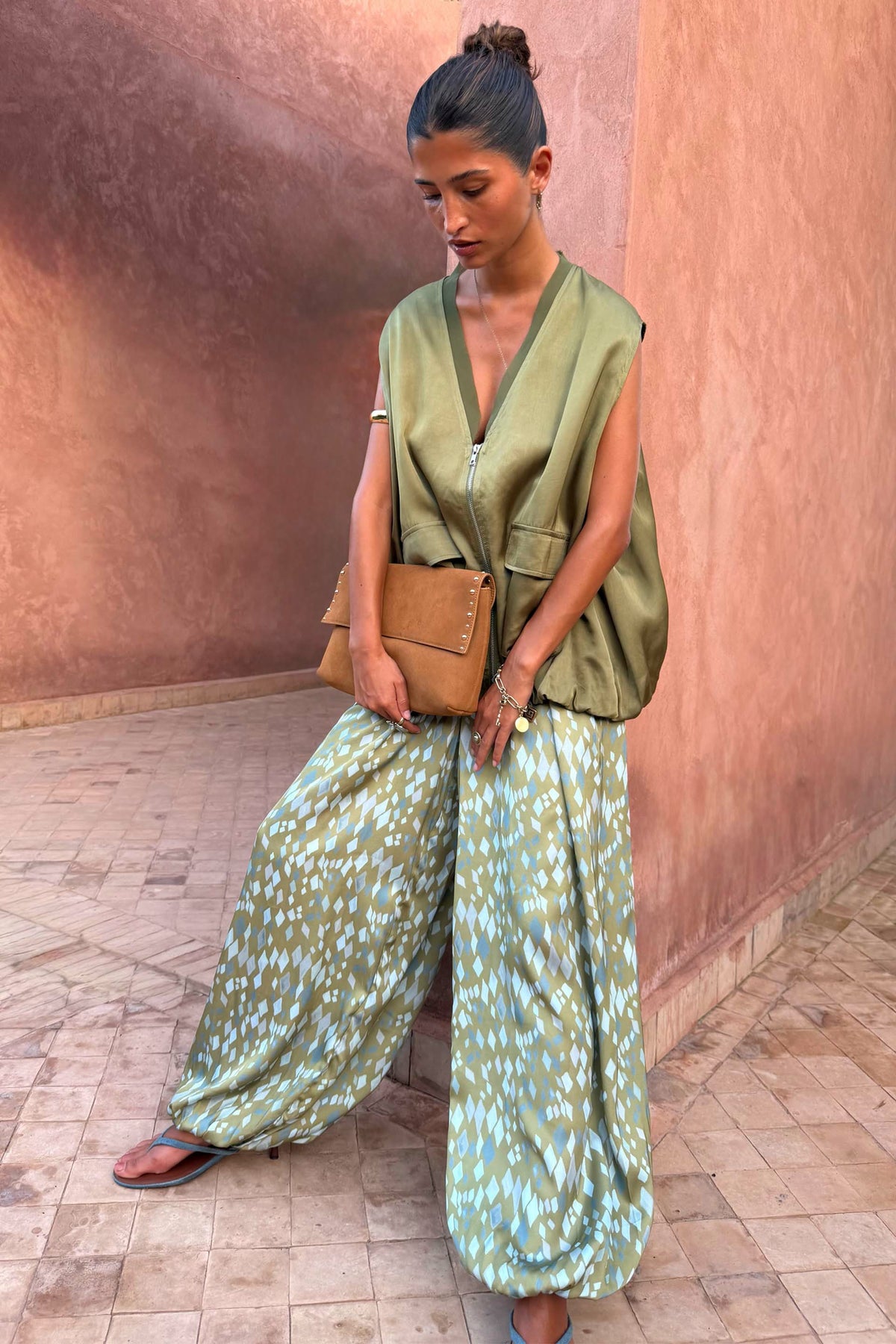 Green Diamond Print Balloon Trouser Petite | Never Fully Dressed Signature